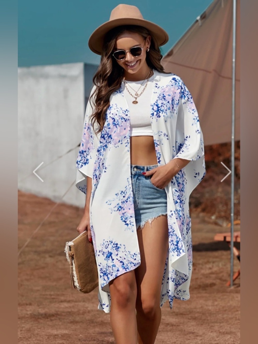 Kimono Cardigan Duster Boho Beach Cover Up White Blue Floral Print One Size